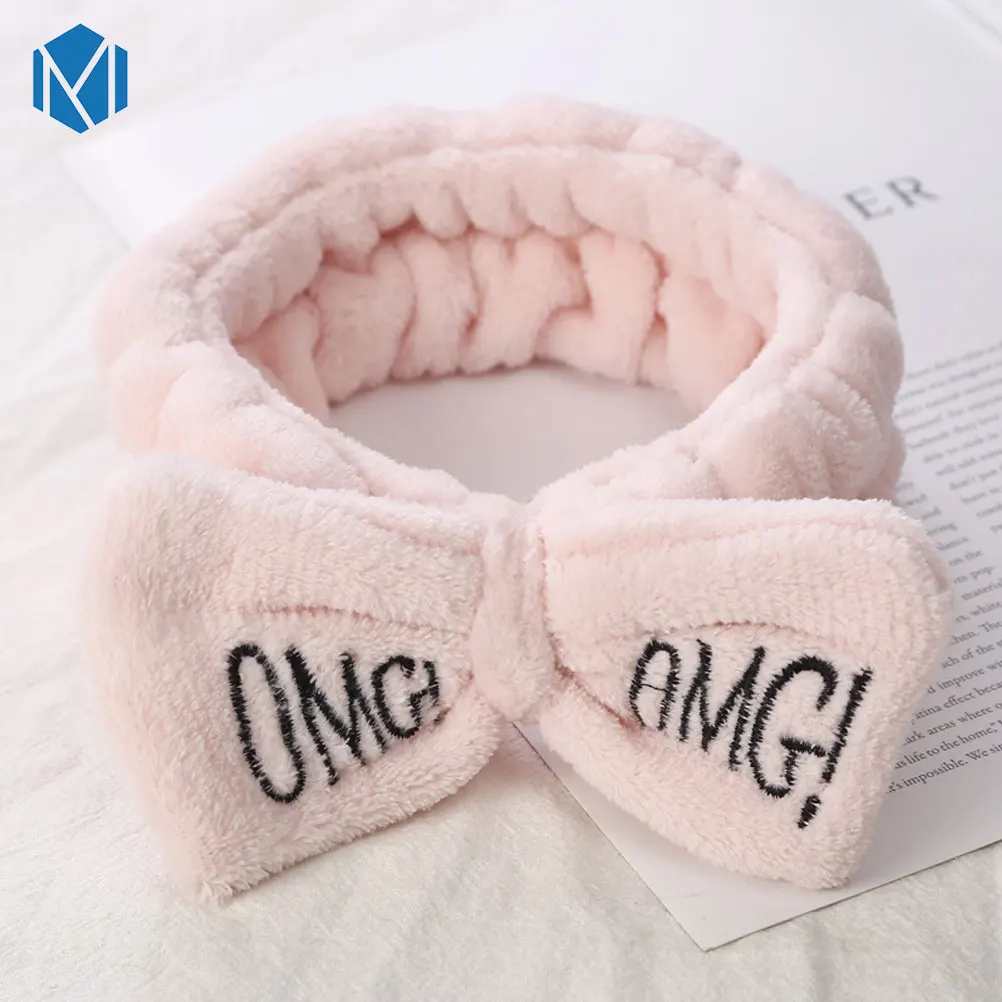 Liht pink OMG M MISM коралловый флис письмо OMG головные повязки с бантиком для женщин девочек мыть лицо эластичная чалма лента для волос Макияж Аксессуары для волос - Цвет: Liht pink OMG