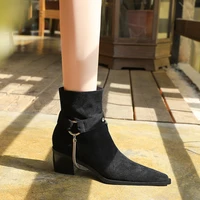 thick high heel metal chain decorative pointed suede fashion knight short boots luxury designer mary jane slip shoes for women