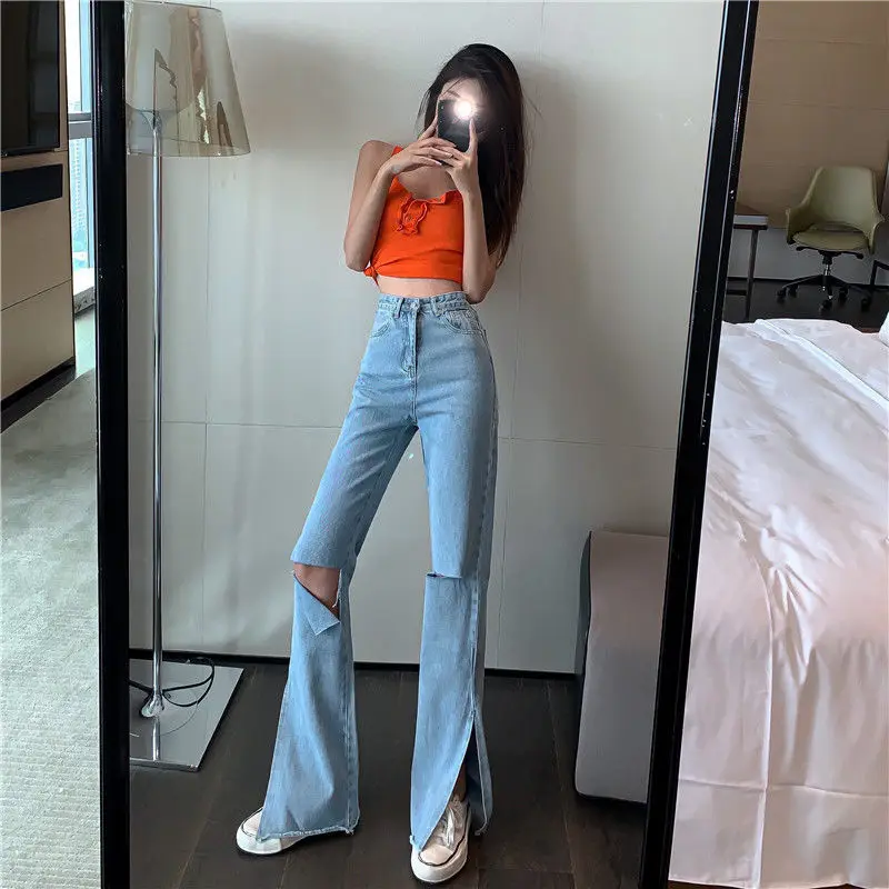

2021 spring and autumn new slim high waist hole loose wide leg pants straight split jeans floor length pants women's wear