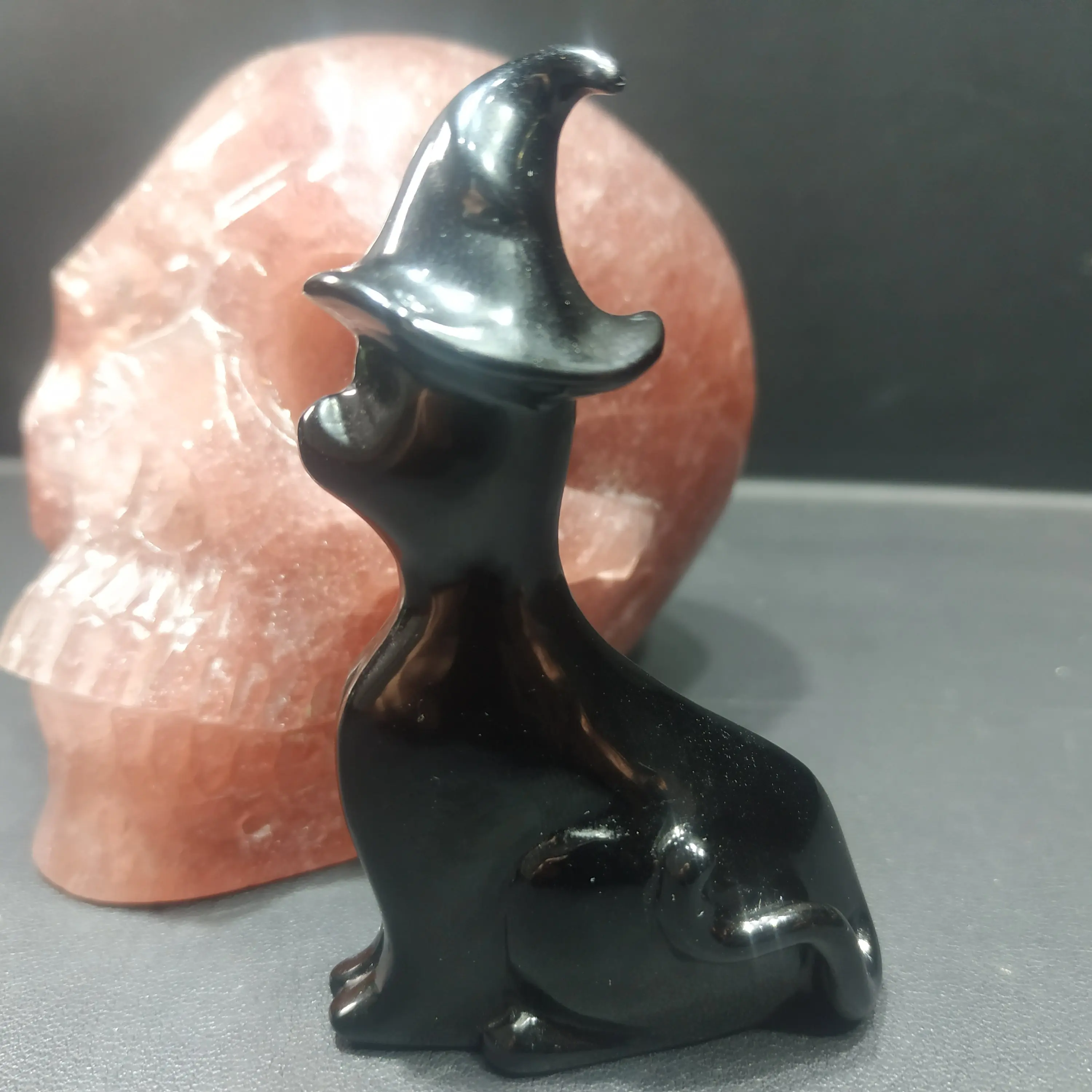 3 ''Obsidian кошка черная шляпа ведьмы стоящая хрустальные резные животные
