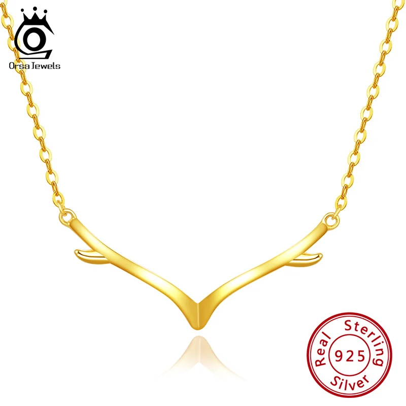 

ORSA JEWELS 925 Sterling Silver Cute Antler Pendant Necklaces Silver Gold Color Fashion Necklace Jewelry Christmas Gifts HON02