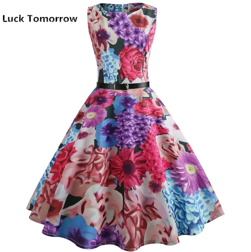 Women Summer Dress 2019 plus size clothing Audrey hepburn Floral robe Retro Swing Casual 50s Vintage Rockabilly Dresses Vestidos | Женская