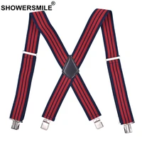 showersmile red stripe suspenders wide 5cm braces suspender for men 4 clips x back elastic business male shirt suspenders 120cm