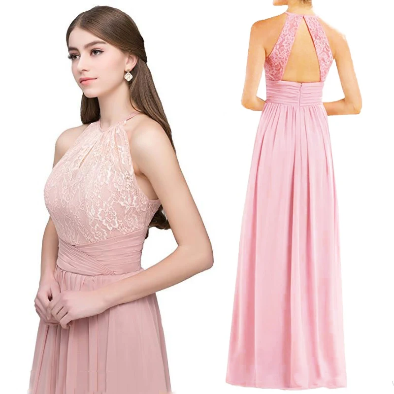 

2021 сексуальные розовые платья подружки невесты, длинное летнее кружевное шифоновое платье с лямкой на шее для свадебной вечеринки, а-силуэт...