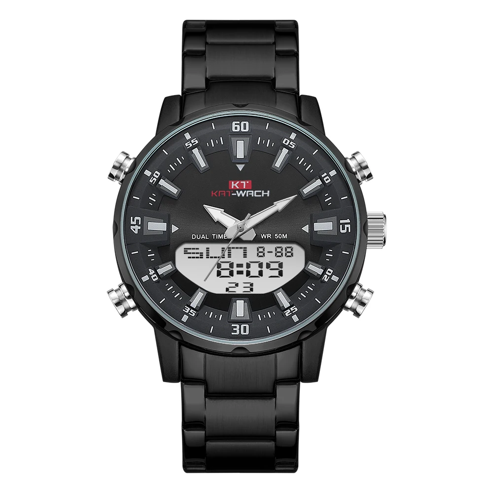 KT1815Black KT New Mens Watches with Stainless Steel Dual Display Waterproof 3D Dial Analog Digital Chronograph Male Sport Style KT1815 - Цвет: KT1815Black