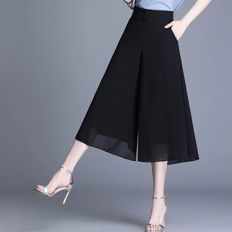

Chiffon five minutes wide leg pants women's summer new high waist show thin loose hanging casual dress pants seven minutes WD004