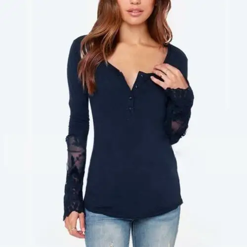 

Sexy Women Blouse Long Sleeve V Neck Splicing Lace Cotton Tops Casual T Shirt