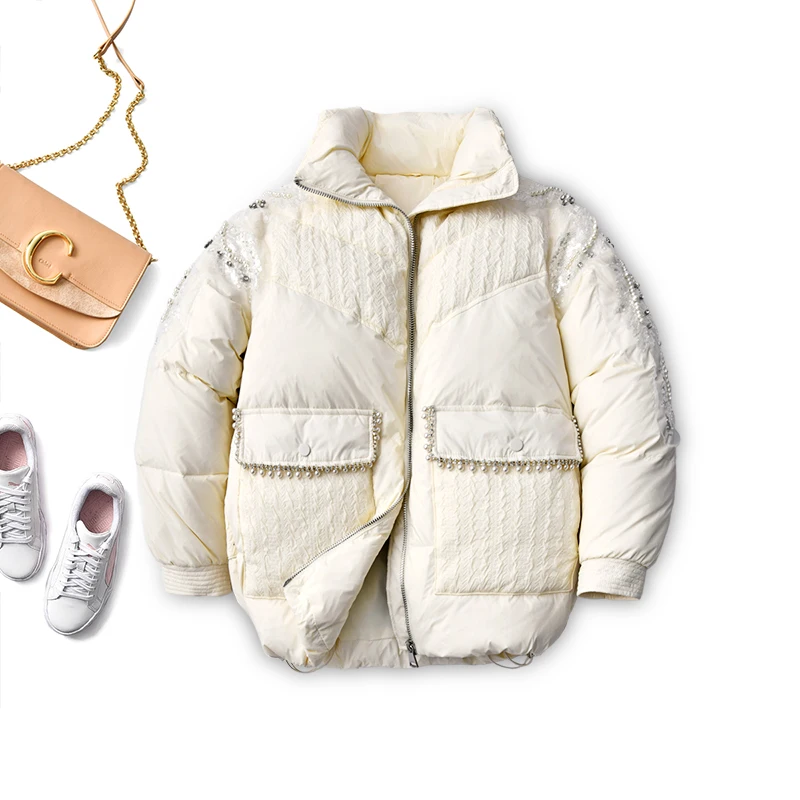 

SHUCHAN High Quality Luxurious Down Jacket Women 90% White Duck Down Zipper Wide-waisted Beading Embroidery High Street