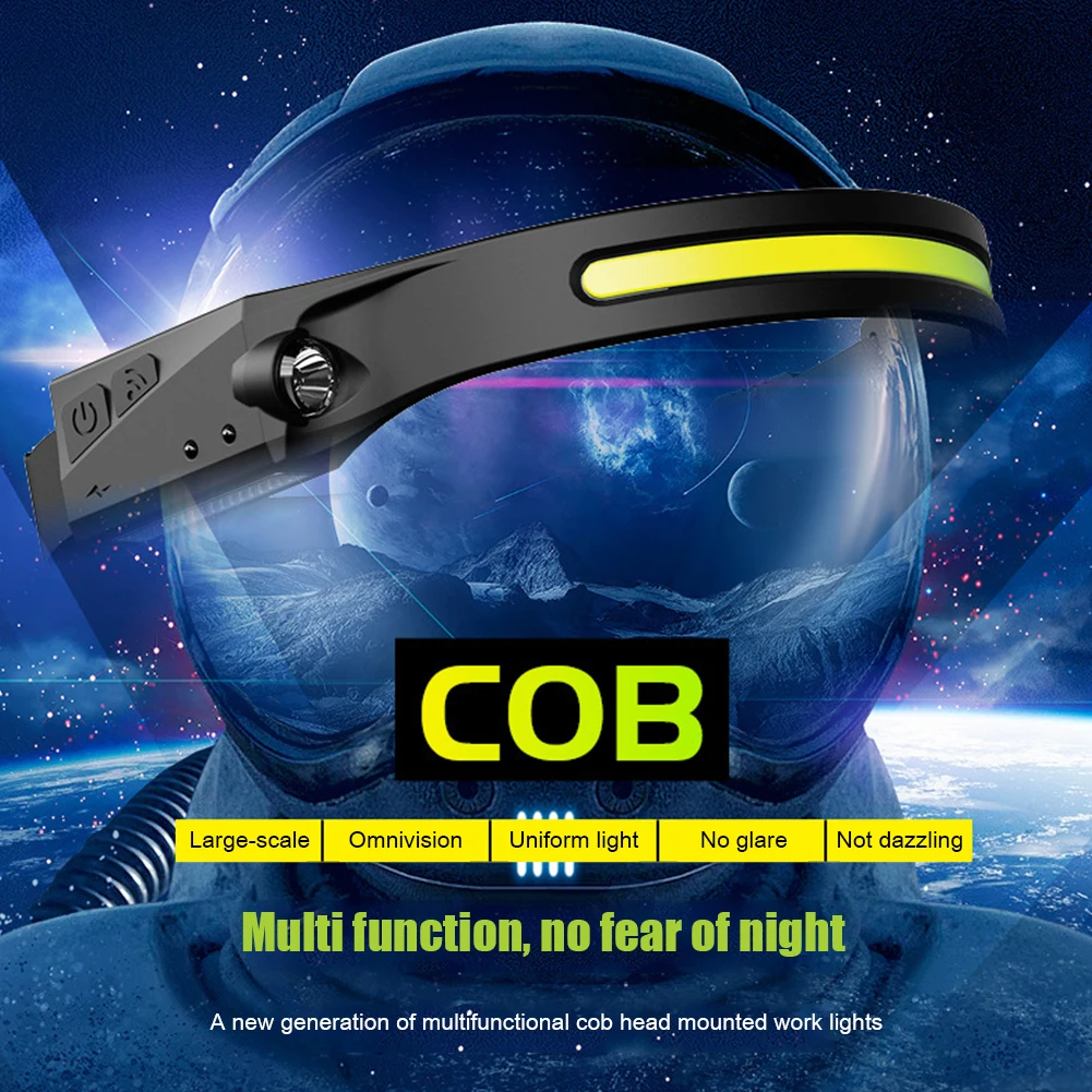 

COB LED Headlamp Sensor Headlight with Built-in Battery Flashlight USB Rechargeable Head Lamp Torch 350 Lumens Work Light