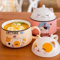 ceramic cute fruit salad noodles soup bowls sets with lid spoon creative large capacity lucky cat kitchen dinnerware with handle