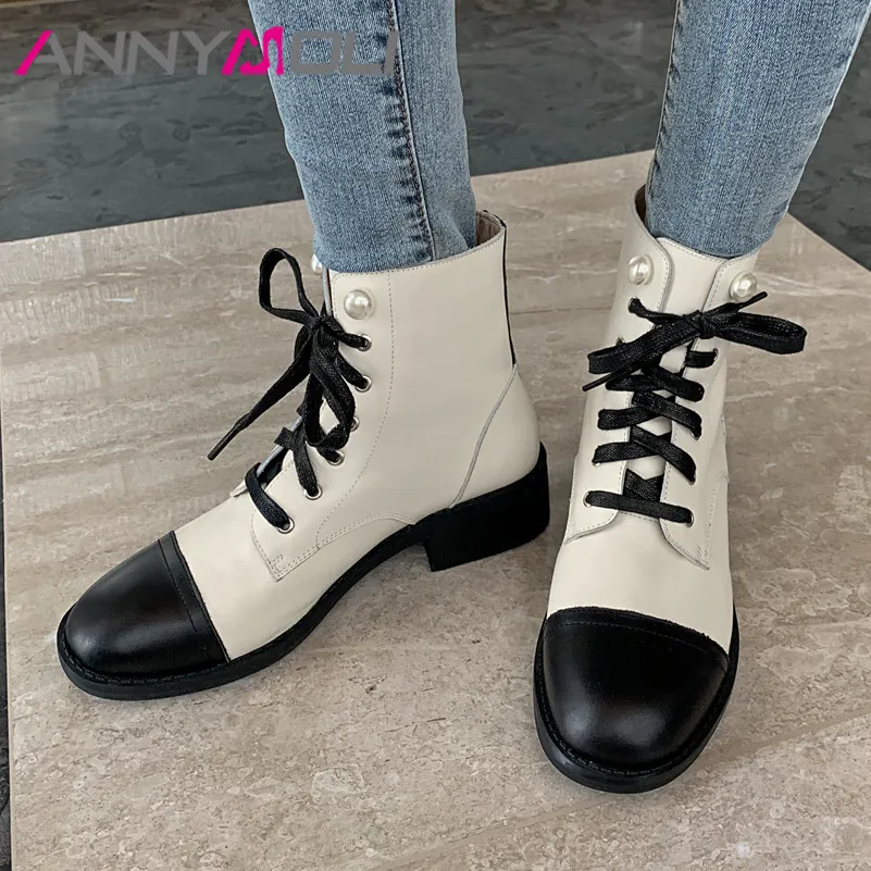 

ANNYMOLI Real Leather Mid Heel Short Boots Women Shoes Pearl Cross Tied Chunky Heels Female Ankle Boots Autumn Winter Beige 39