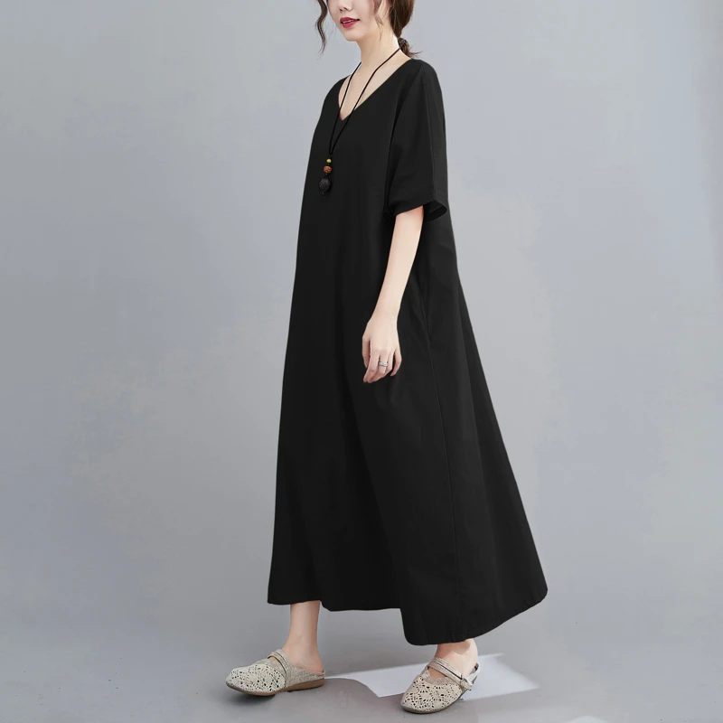 

New Arrival Summer Arts Style Women Loose Casual V-neck Cotton Linen Dress All-matched Short Sleeve Mid-calf Long Dresses B371