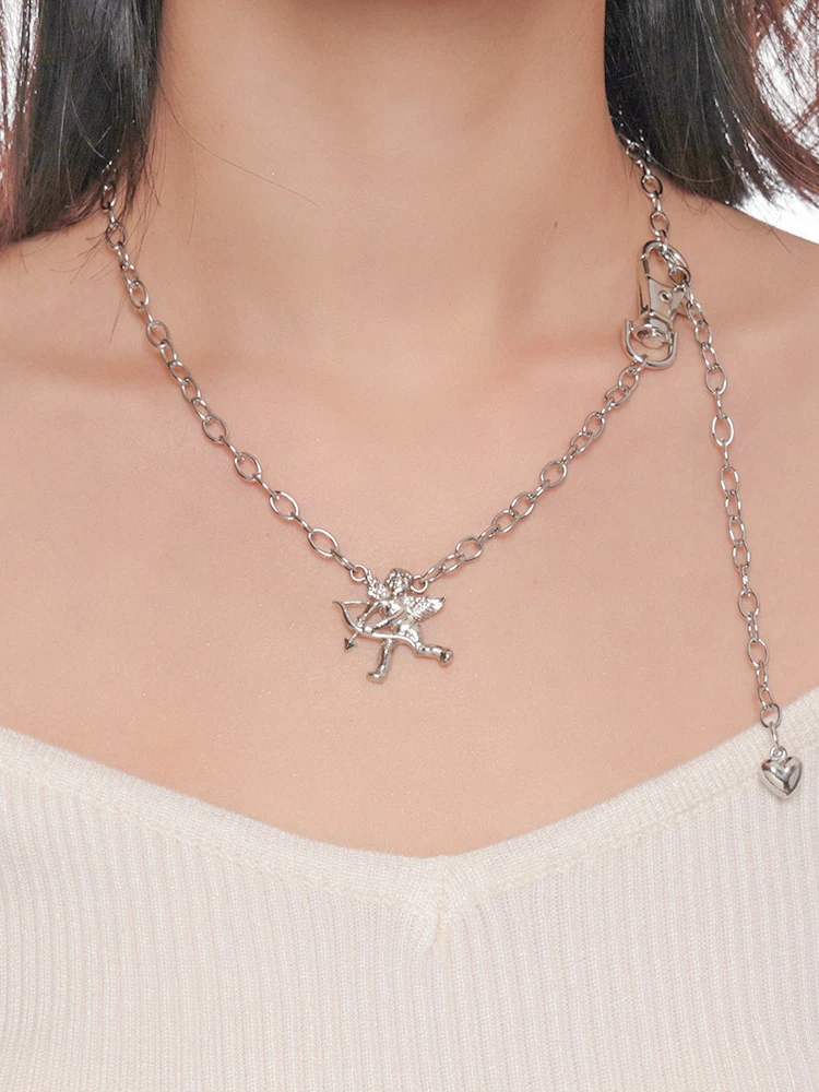

Metal Cute Silver Color Cupid Cherub Heart Pendant Necklace for Women Kpop Chain Around the Neck Y2k Fashion Gift Jewelry Choker