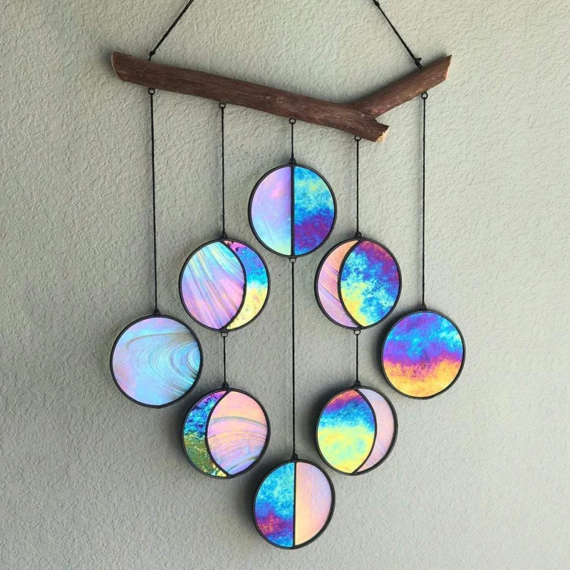 

Clear and Rainbow Iridized Moon Phase Hanging Celestial Art Moon Phase Wall Decor Stained Glass Moon Phase BJStore