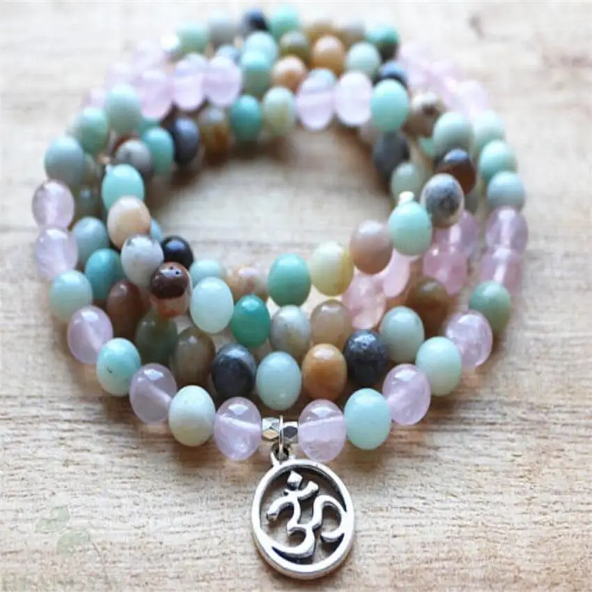 

6mm Amazonite Pink crystal Gemstone 108 Beads Mala Bracelet yoga fengshui Lucky Ruyi spirituality Unisex pray Wrist Wristband