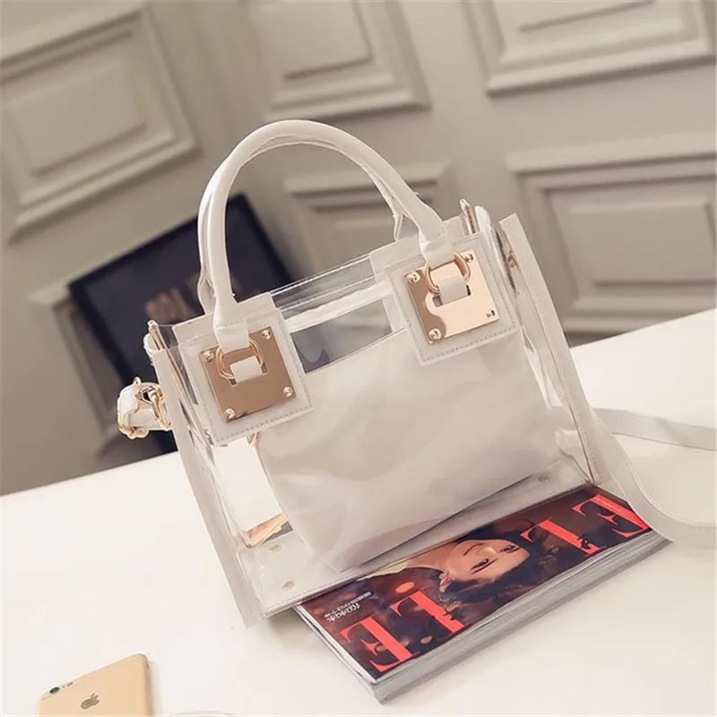 Transparent handbag women Girl Fashion Beach Bag pvc material metal parts pu leather Handbags  crossbody messenger clutch purse