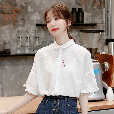 

2020 Summer Vintage White Cotton Blouse Cute Peter Pan Collar Embroidered Shirts Women Lace Cardigan Short Sleeve Blouse