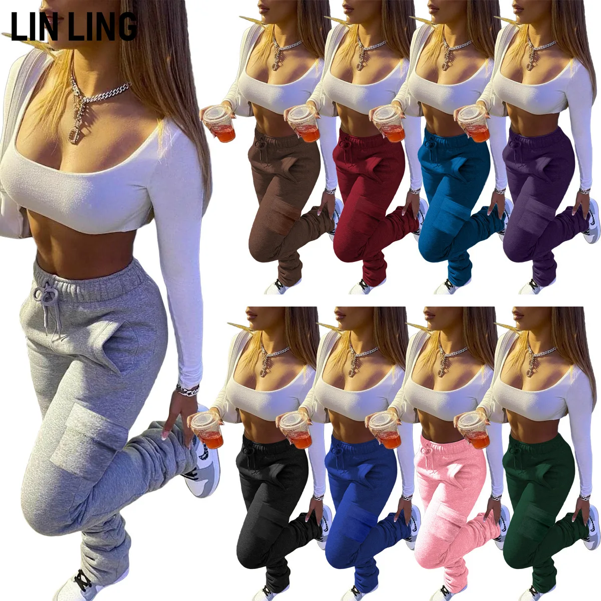 LINLING Winter Cotton Warm High Waist Lace Up Pants Pocket Casual Pants with Plush Stacked Pants