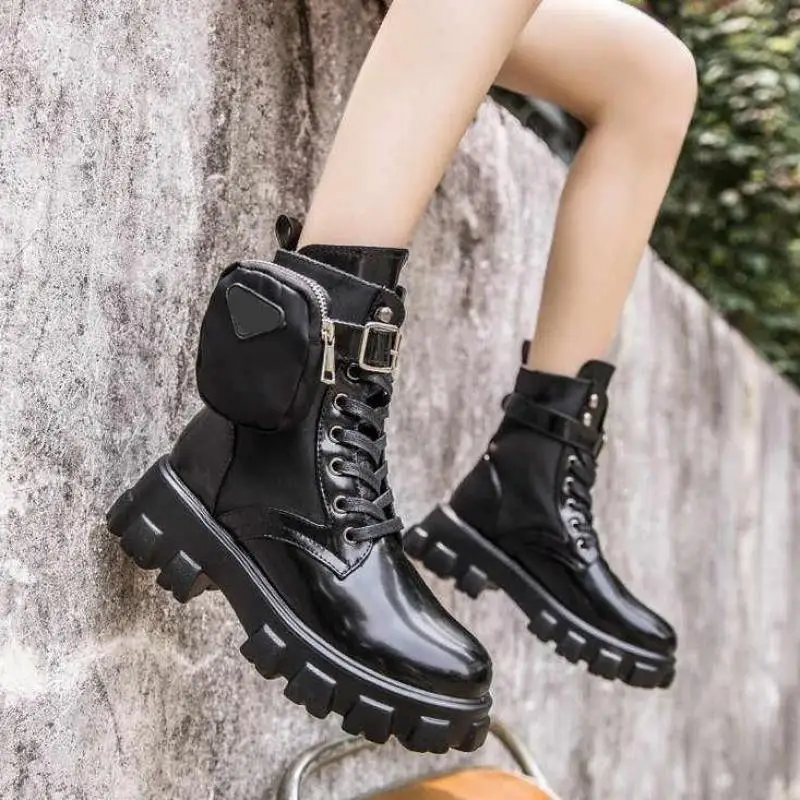 Sapatos de Inverno Botas de Combate Senhoras Motocicleta Tornozelo Carteira Plataforma Feminina Couro Artificial Botas Grossas