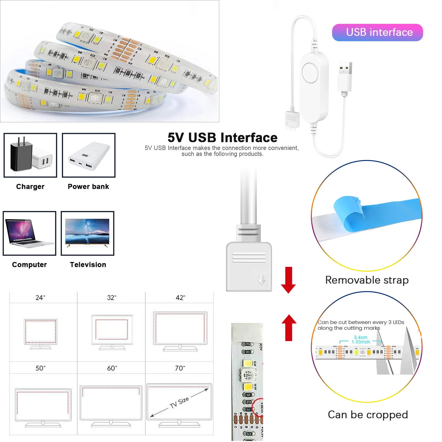 Светодиодсветильник лента с Wi-Fi контроллером Tuya USB 5 В RGBCCT SMD 5050 + 2835 | Освещение
