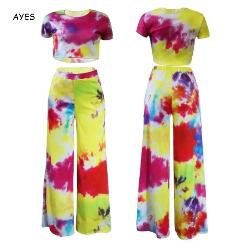 

Fashion Tie Dye Set Two Pieces Plus Size Women Short Sleeve Crop Top And Wide Leg Pants2020 Club Matching Set Fashion Outfits