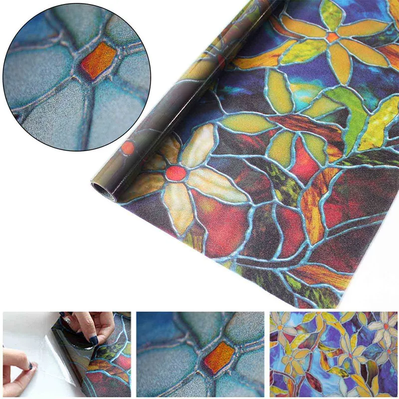 

European Church Retro Color Film PVC Adhesive-free Electrostatic Glass Film Window Grille 45*100cm Self-adhesive Glass Sticker