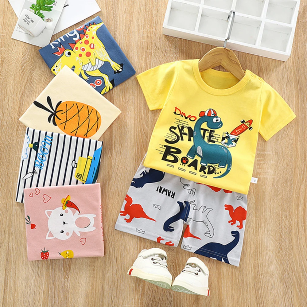 

Toddler Baby Cartoon Clothes Sets Dinosaur Printed T-Shirt+Shorts 2Pcs Outfits for Boys Girls Summer Childrens Suits F0076
