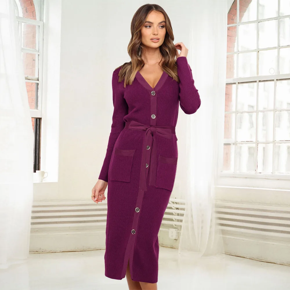 

Autumn Winter Women Ribbed Knitted Bodycon Dress Casual V-Neck Long Sleeve Midi Dress Woman Sexy Slim Single Breasted Long Dress