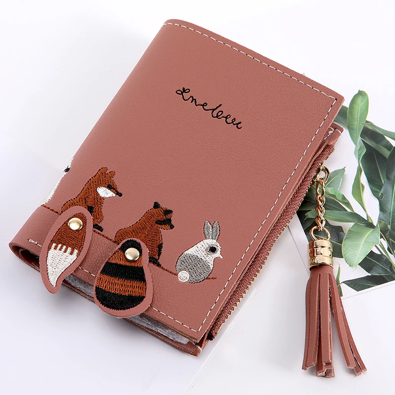 

Women Cute Animals Embroidery Fashion Simple Embroidery Lovely Fox Zipper Short Money Wallet Billfold Purse Mujer