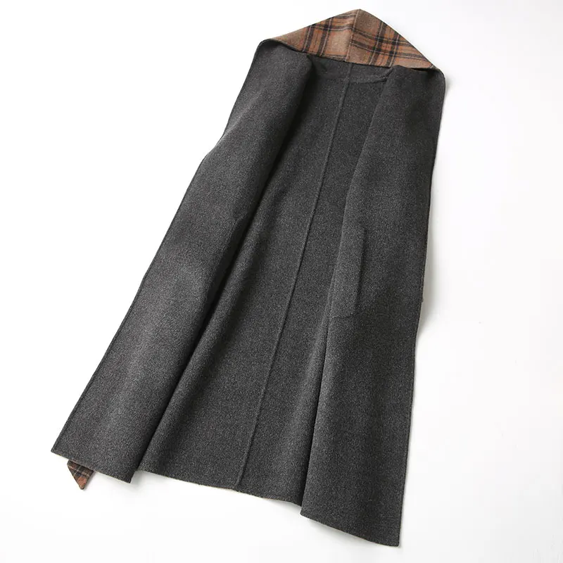 

2020 Autumn Spring Wool Coat Female Sided Long Winter Jacket Women England Style Plaid Woolen Coats Hooded 38122 WYQ1184