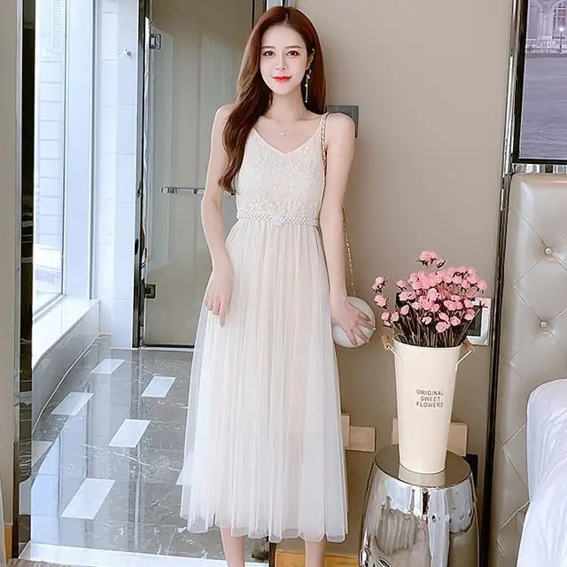 

Women 2021 Summer Fashion Lace Sleeveless Dress Female New Solid Color Mesh Dresses Ladies Loose A-line Camisole Vestidos K248