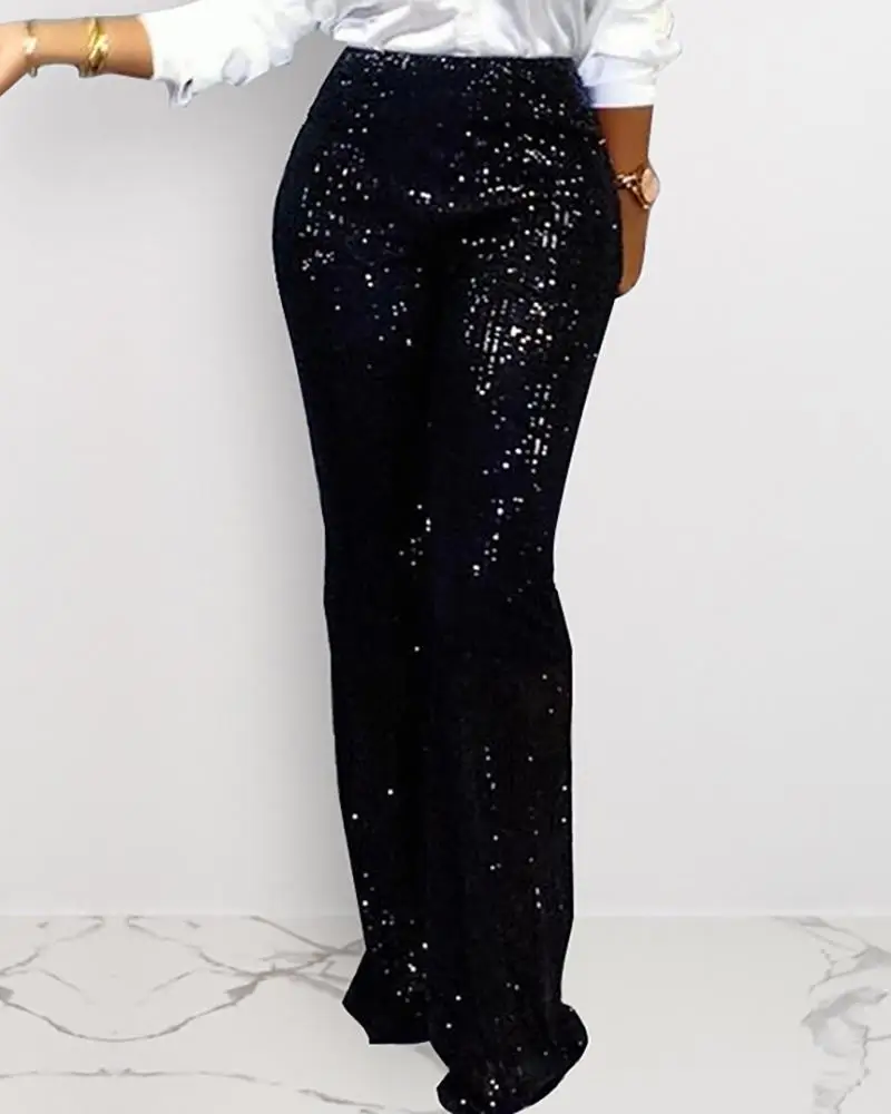 Sequins High Waist Wide Pants Woman Glitter Silver Black High Waist Trousers for Female Party Dance Flared Legs Pants - Color: Black