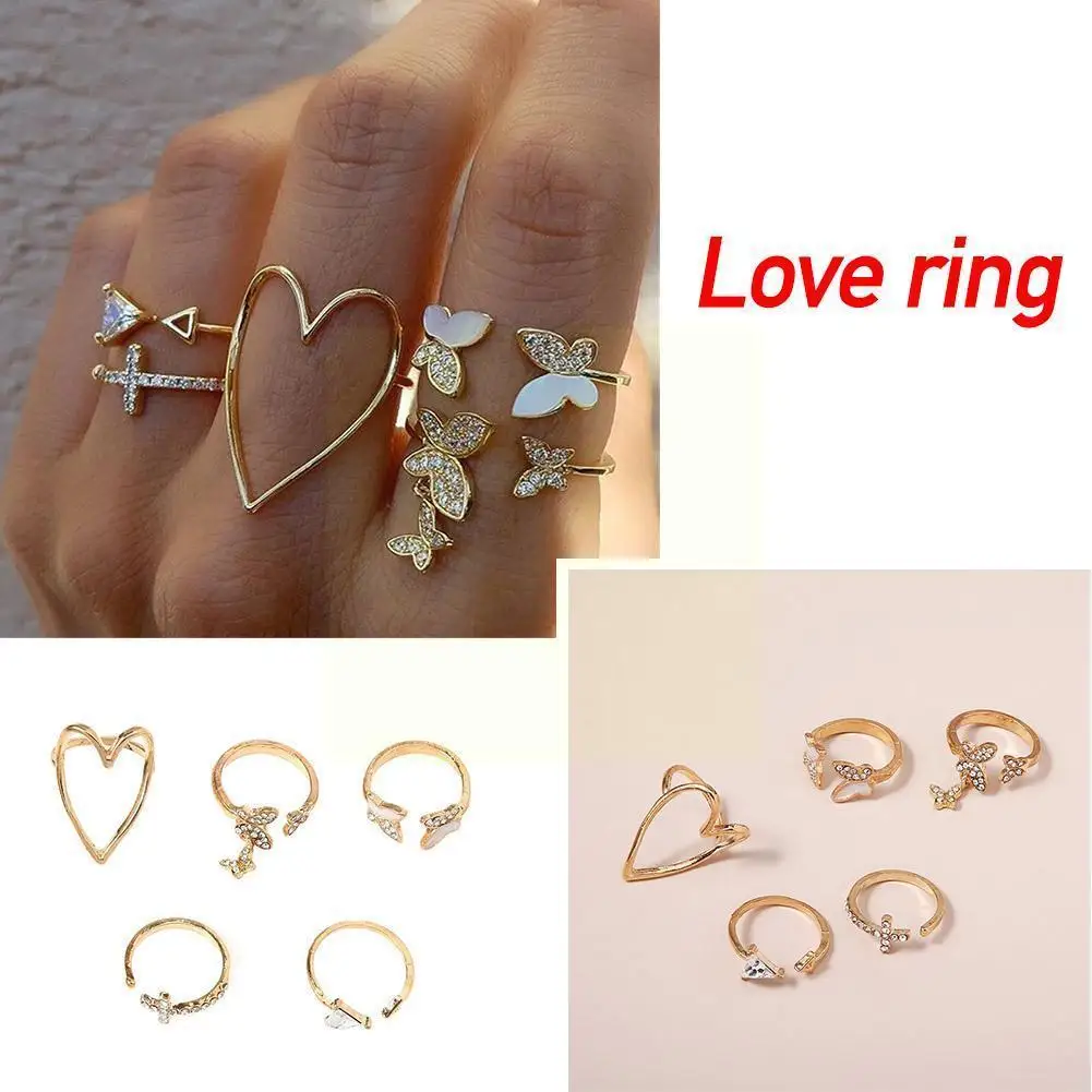 

2021 New Love Heart Hollow Full Diamond Dripping Butterfly 5-piece Set Joint Ring Ring C6H8