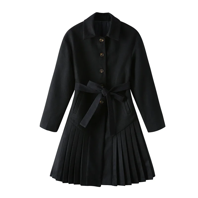 

Slim Fit Skirt Pleated Coat Single Breasted Wool Autumn Korean Winter Coat Women Elegant Abrigo Mujer Invierno Clothes EH50CO