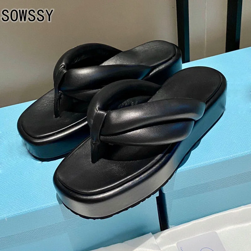 

2021 Summer New Genuine Leather Women Slippers Thick Soles Beach Slippers Platform Comfortable Clip Toe Flip-Flops Lady Sandals