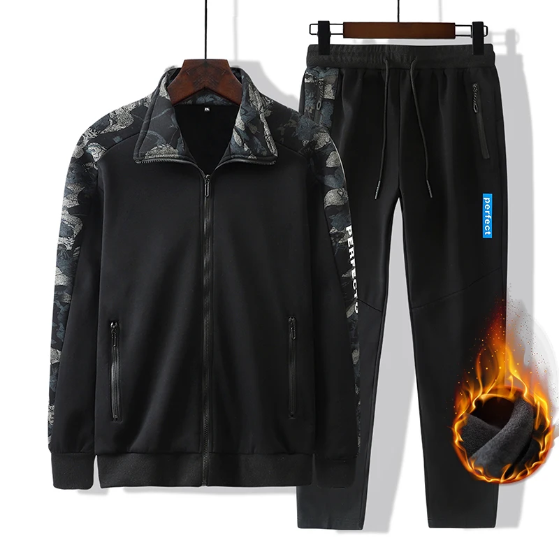Plus Size 9XL Camouflage Sportswear Tracksuits Men Winter Fleece Thick Jacket+pants 2pcs Running Sweats Suits Male Sports Sets