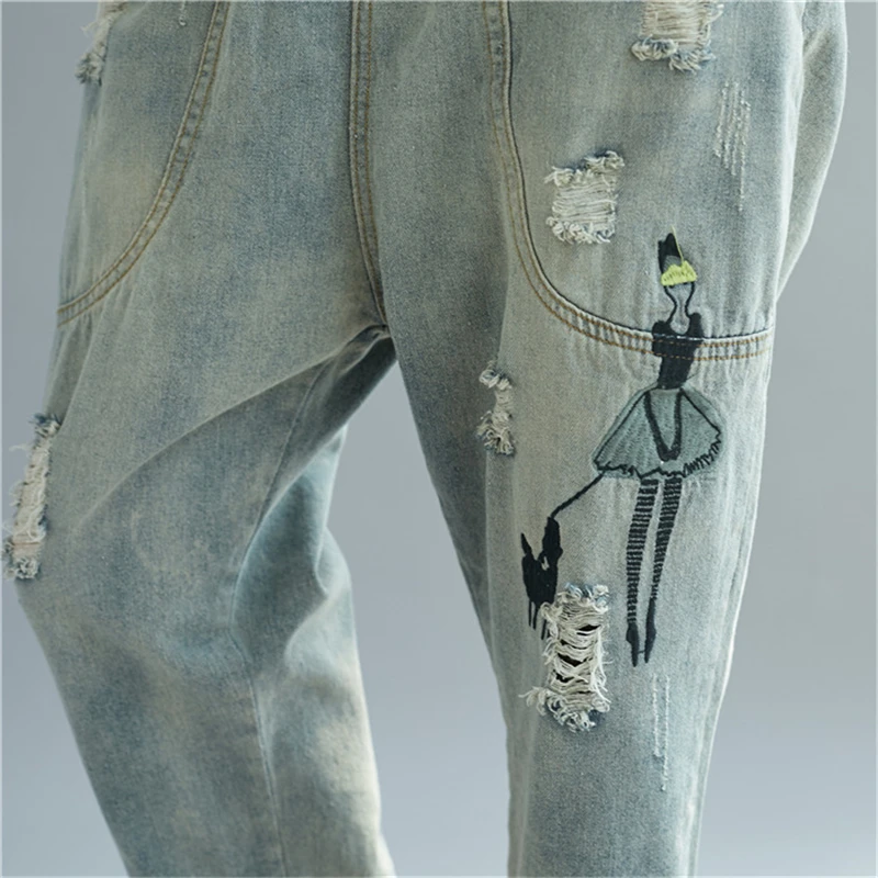 

Women Spring Summer Fashion Cartoon Embroidery Retro Ripped Hole Elastic Waist Denim Cross Pants Female Casual Loose Chic Jeans