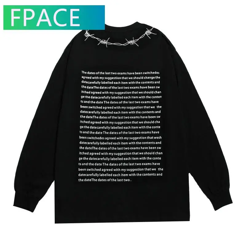 

FPACE Oversized Tshirts Hip Hop Chain Letters Print Long Sleeve Tees Shirts Streetwear Harajuku Fashion Casual Loose Tops