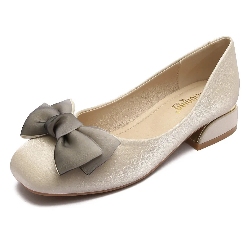 Elegant Hot Silk Butterfly-knot Mary Janes Woman Flats Thick Heels Loafers Square Toe Satin Grandma Shoes Women Plus Size 40-43