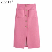 zevity new women vintage pocket patch breasted tweed woolen split slim skirt faldas mujer ladies back zipper chic vestido qun740