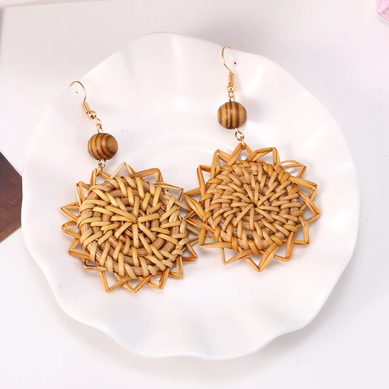 Богемное ротанговое плетение Висячие серьги для женщин ручной работы плетеная