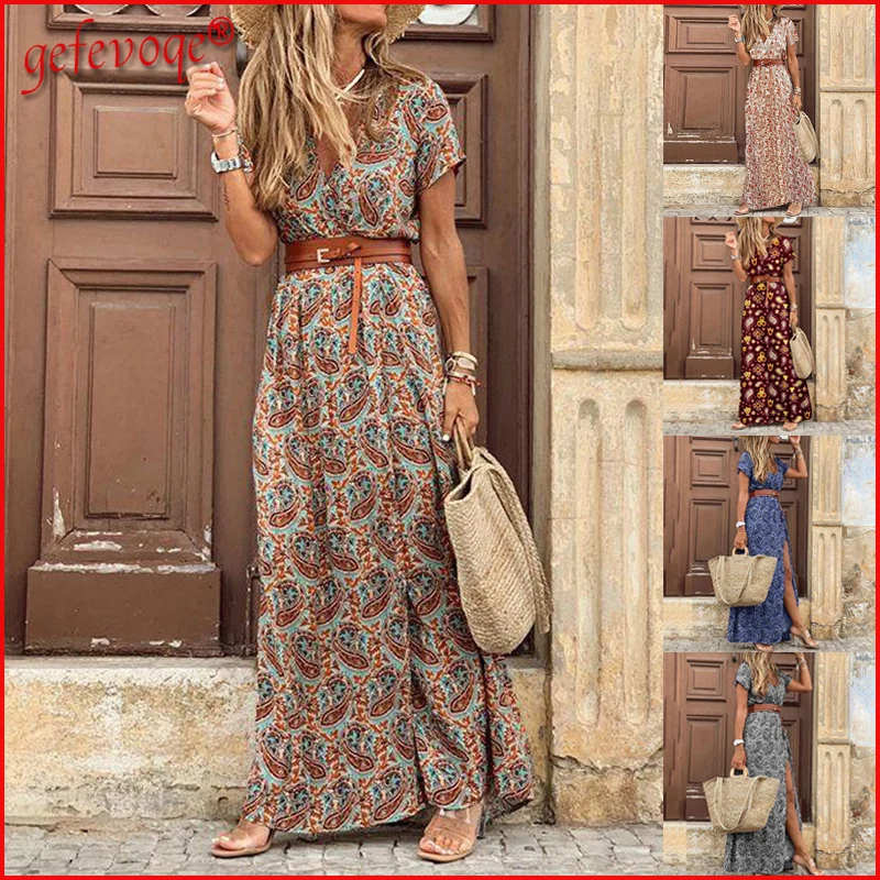 

Trending Summer Holiday Beach Maxi Dress Women Print Boho Casual Split Sexy Party Long Dresses Robe Femme 2021Vestidos De Verano