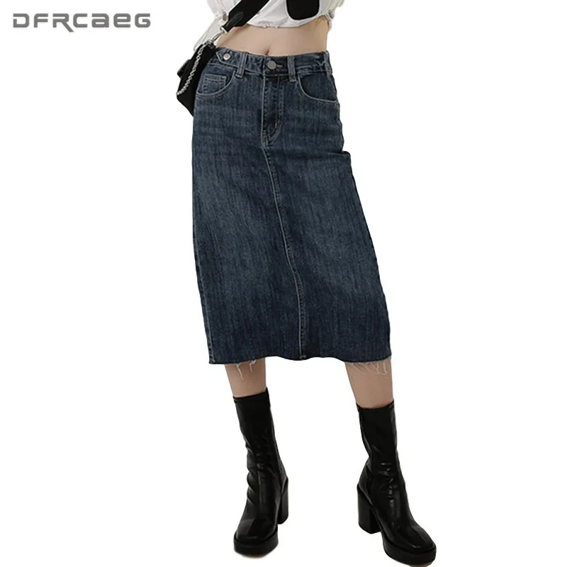 

Женская винтажная джинсовая юбка, темно-синяя прямая джинсовая юбка с высокой талией, стрейчевая пикантная Дамская Джинсовая длинная юбка ...