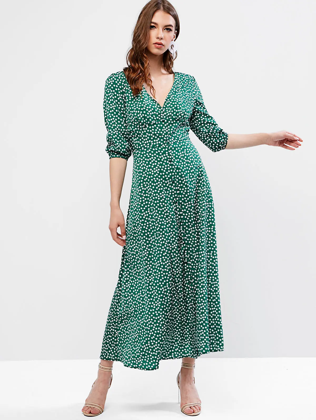 ZAFUL на пуговицах в мелкий цветочек длинное расклешенное платье с v-образной