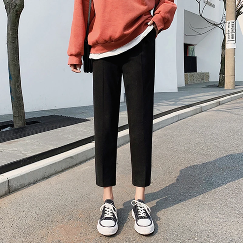

2019 Autumn Winter Korea Fashion Women Elastic Waist Loose Straight Pants all-matched Casual Woolen Harem Pants Plus Size S258
