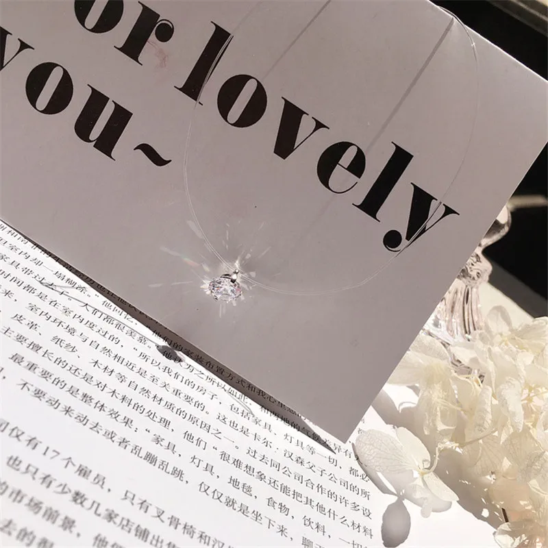 Transparent Female Fishing Line Necklace Silver Heart Invisible Chain Crystal Rhinestone Choker Necklace Pendant on Line Neck