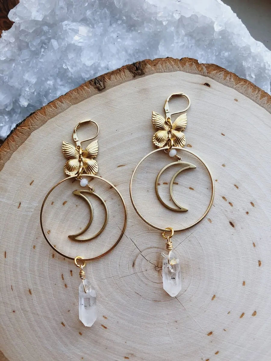 

Cute Butterfly Earrings Moonstone Earrings Clear Quartz Celestial Earrings Witchy Gypsy Earring