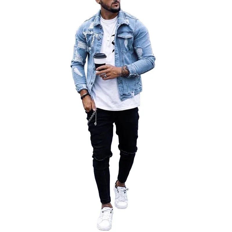 

Men New Fashion Holes Light Blue Denim Jeans Short Jacket Casual Long Sleeve Punk Style Coat with Pockets Plus Size