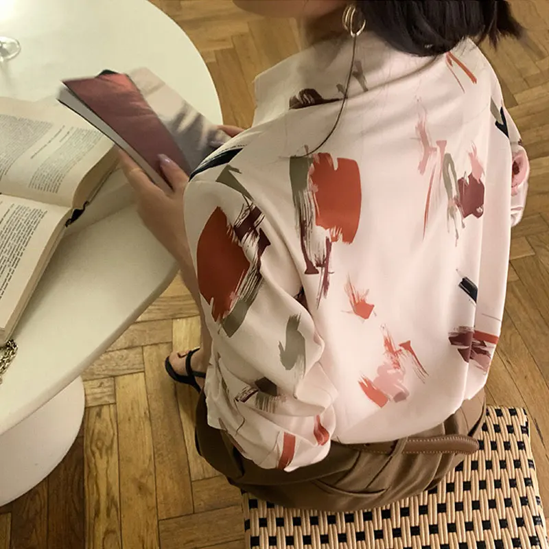 

Houthion Chiffon Women's Blouse Fashion Blouses Button Loose Striped Colorful Shirt Breasted Casual New Korean Long Sleeve Top