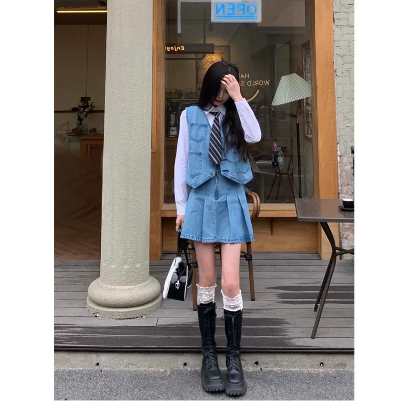 

Hong Kong style suit women's Retro chic jeans vest short skirt leisure fashion age reduction two piece set 2021 new women's wear